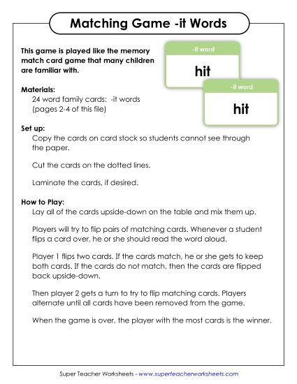 Word Games - Memory Match Game (-it) (Printable PDF Worksheet)