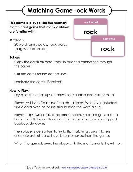 Word Games - Memory Match Game (-ock) (Printable PDF Worksheet)