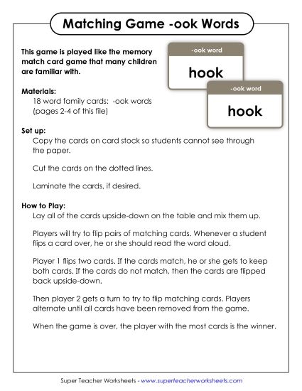 Word Games - Memory Match Game (-ook) (Printable PDF Worksheet)