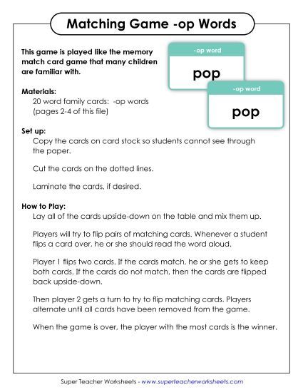 Word Games - Memory Match Game (-op) (Printable PDF Worksheet)