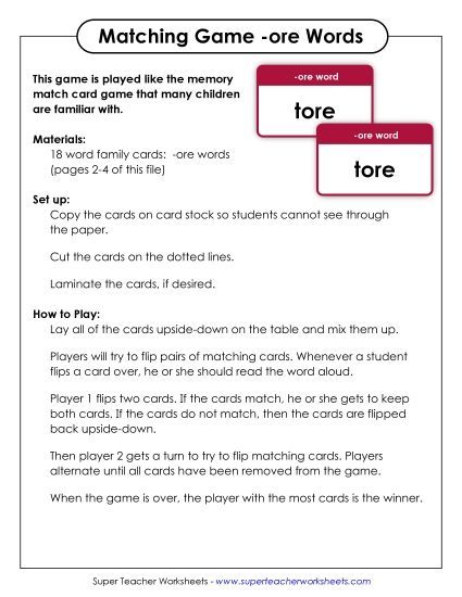 Word Games - Memory Match Game (-ore) (Printable PDF Worksheet)
