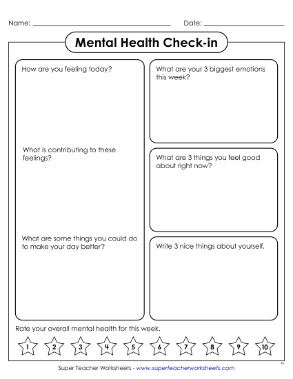 Understanding Emotions - Mental Health Check-in (Printable PDF Worksheet)