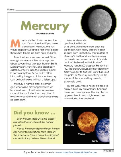 Articles with Questions - Mercury Article & Questions (Printable PDF Worksheet)
