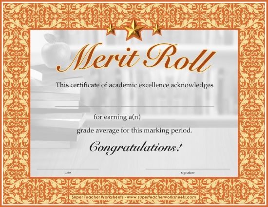 Honor and Merit Rolls - Merit Roll (Printable PDF Worksheet)