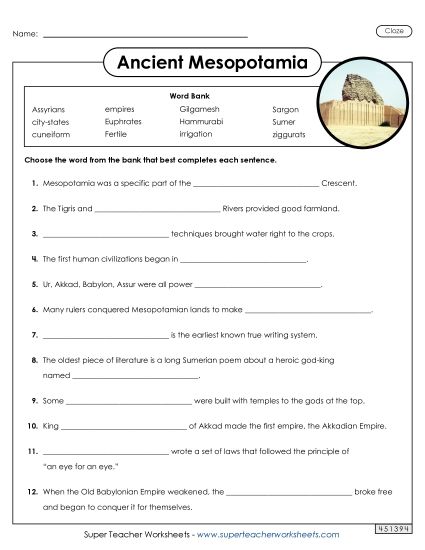 Worksheets - Mesopotamia Cloze Activity (Printable PDF Worksheet)