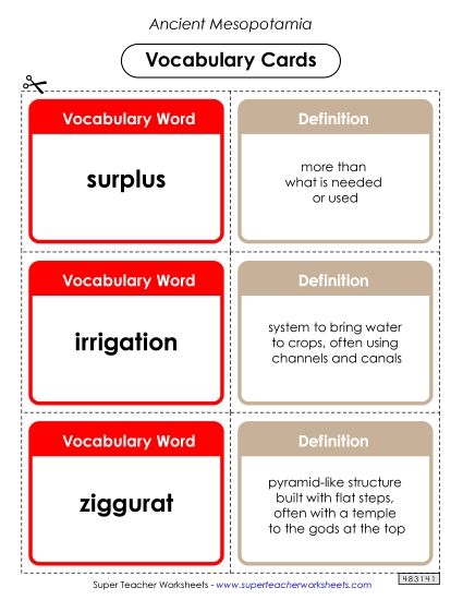 Worksheets - Mesopotamia Vocabulary Cards (Printable PDF Worksheet)