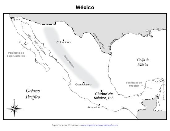 Maps of Mexico - Mexico Map (Labeled; Spanish) (Printable PDF Worksheet)