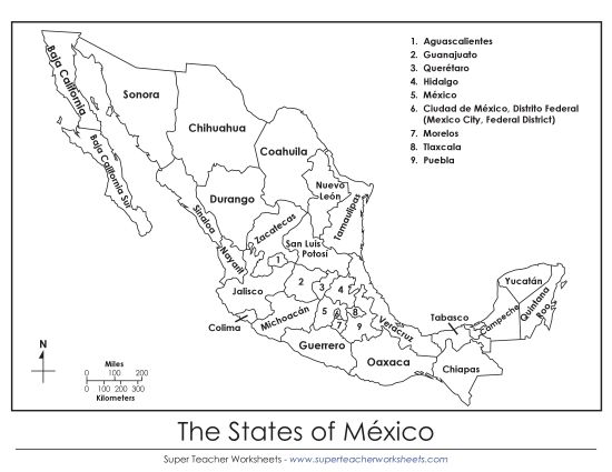 Maps of Mexico - Mexico States (Labeled; English) (Printable PDF Worksheet)