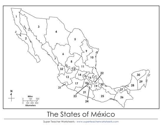 Maps of Mexico - Mexico States (Numbered; English) (Printable PDF Worksheet)
