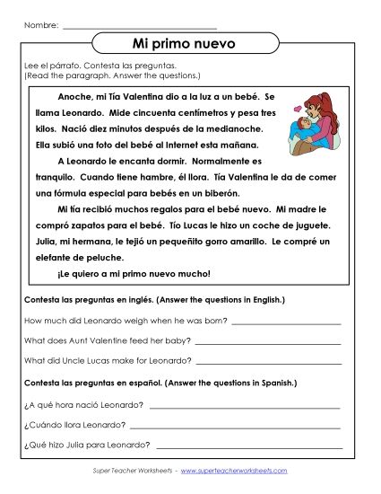 Short Passages (Level: Basic) - Mi primo nuevo (Printable PDF Worksheet)