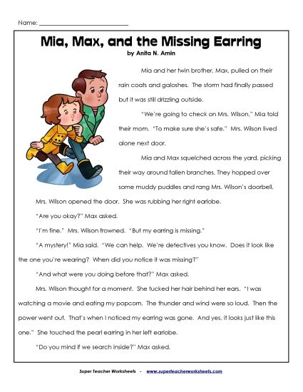 Fiction - Mia, Max, and the Missing Earring (Printable PDF Worksheet)
