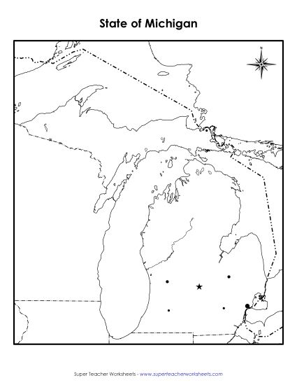 Maps - Michigan State Map (Blank Cities) (Printable PDF Worksheet)