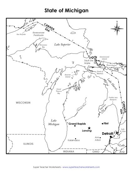 Maps - Michigan State Map (Labeled) (Printable PDF Worksheet)