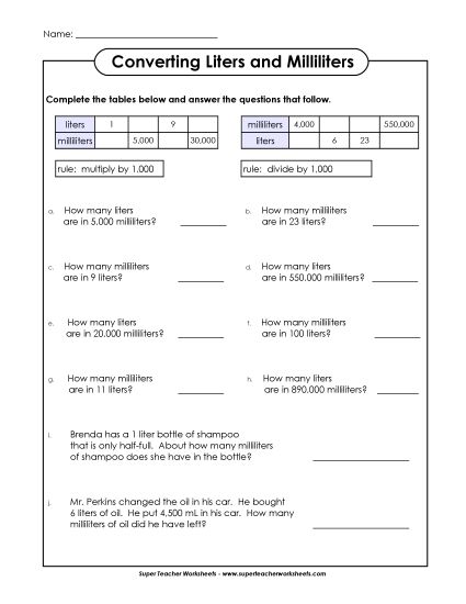 Milliliters and Liters - Conversions (Printable PDF Worksheet)