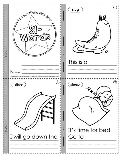 Cut and Glue Activities - Mini Book 2: Sl- Words  (Printable PDF Worksheet)