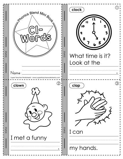 Cut and Glue Activities - Mini Book: Cl- Words (Printable PDF Worksheet)