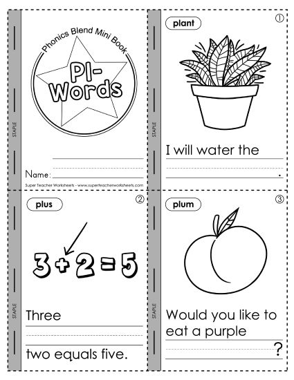 Cut and Glue Activities - Mini-Book: Pl- Words (Printable PDF Worksheet)