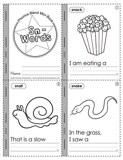 Cut and Glue Activities - Mini Book: Sn- Words  (Printable PDF Worksheet)