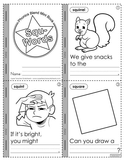 Cut-and-Glue Activities - Mini-Book (Squ- Words) (Printable PDF Worksheet)