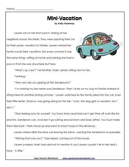 Fiction Stories - Mini-Vacation (Printable PDF Worksheet)