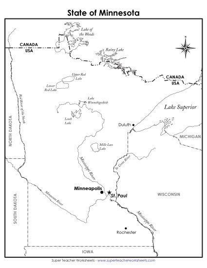 Maps - Minnesota State Map (Labeled) (Printable PDF Worksheet)