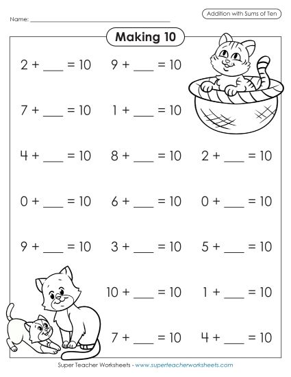 Missing Addend Drills - Missing Addend Drill: Cats (Printable PDF Worksheet)