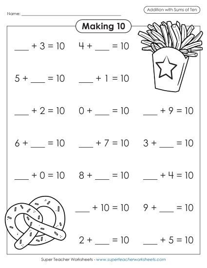 Missing Addend Drills - Missing Addend Drill: Snacks (Printable PDF Worksheet)