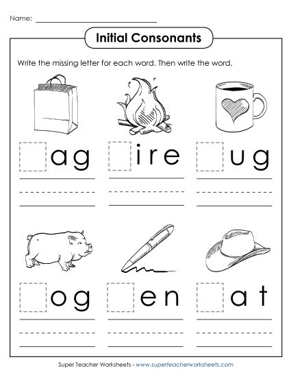 Fill-In Worksheets - Missing Beginning Letters 1 (Printable PDF Worksheet)