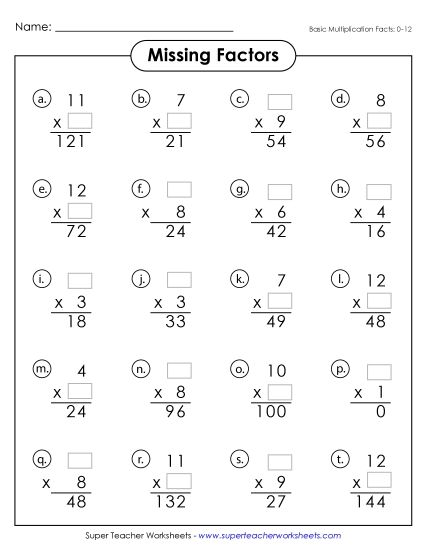 Worksheets, Games, & Task Cards - Missing Factors (0-12) (Printable PDF Worksheet)