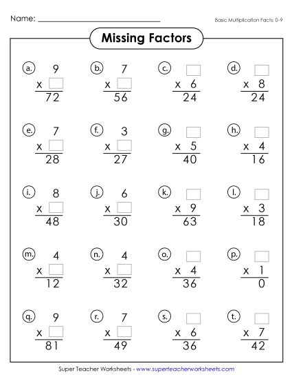 Worksheets and Games - Missing Factors (0-9) (Printable PDF Worksheet)