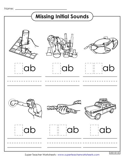Worksheets - Missing Initial Sounds (-ab) (Printable PDF Worksheet)