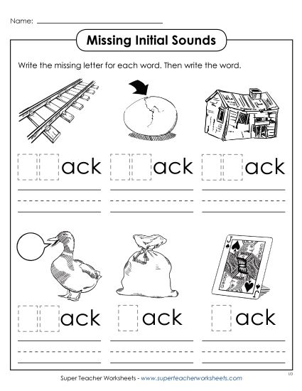 Worksheets - Missing Initial Sounds (-ack) (Printable PDF Worksheet)