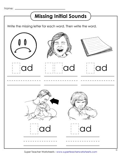 Worksheets - Missing Initial Sounds (-ad) (Printable PDF Worksheet)