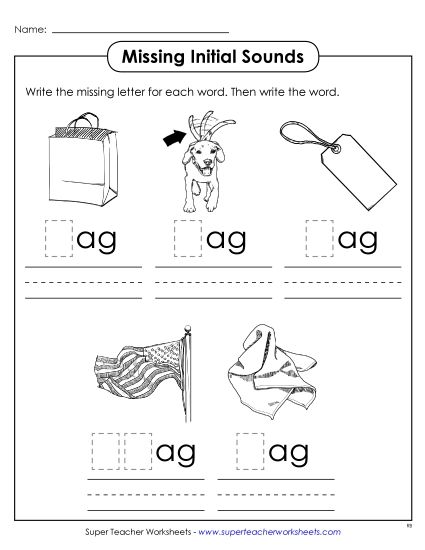 Worksheets - Missing Initial Sounds (-ag) (Printable PDF Worksheet)