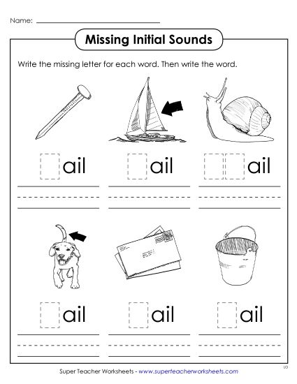 Worksheets - Missing Initial Sounds (-ail) (Printable PDF Worksheet)