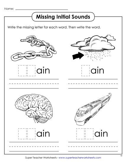 Worksheets - Missing Initial Sounds (-ain) (Printable PDF Worksheet)