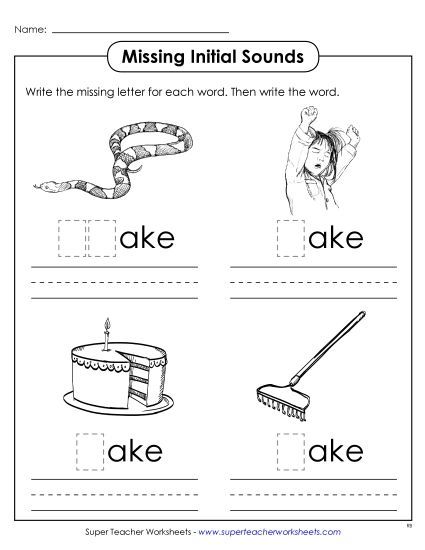 Worksheets - Missing Initial Sounds (-ake) (Printable PDF Worksheet)