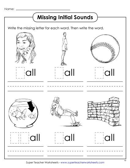 Worksheets - Missing Initial Sounds (-all) (Printable PDF Worksheet)