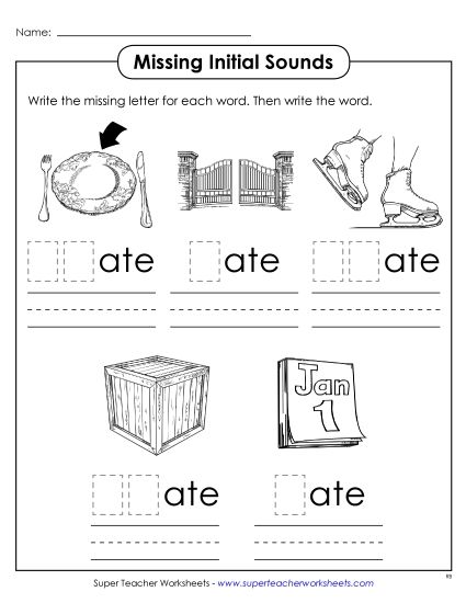 Worksheets - Missing Initial Sounds (-ate) (Printable PDF Worksheet)