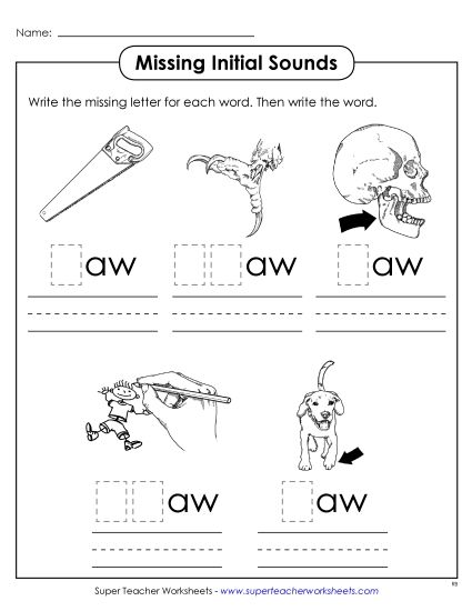 Worksheets - Missing Initial Sounds (-aw) (Printable PDF Worksheet)