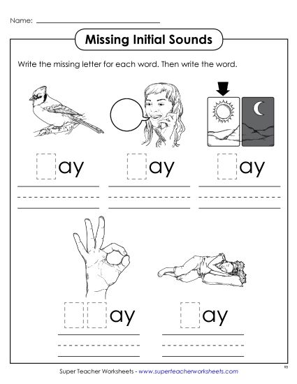 Worksheets - Missing Initial Sounds (-ay) (Printable PDF Worksheet)