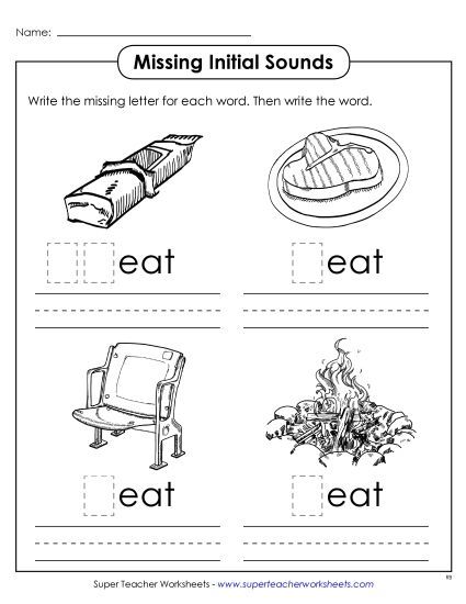 Worksheets - Missing Initial Sounds (-eat) (Printable PDF Worksheet)
