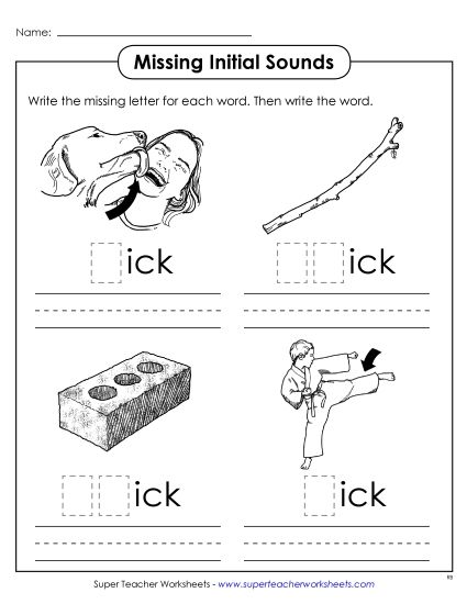 Worksheets - Missing Initial Sounds (-ick) (Printable PDF Worksheet)