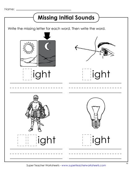 Worksheets - Missing Initial Sounds (-ight) (Printable PDF Worksheet)