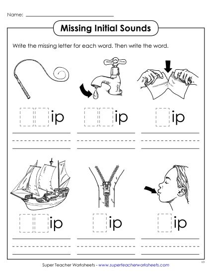 Worksheets - Missing Initial Sounds (-ip) (Printable PDF Worksheet)