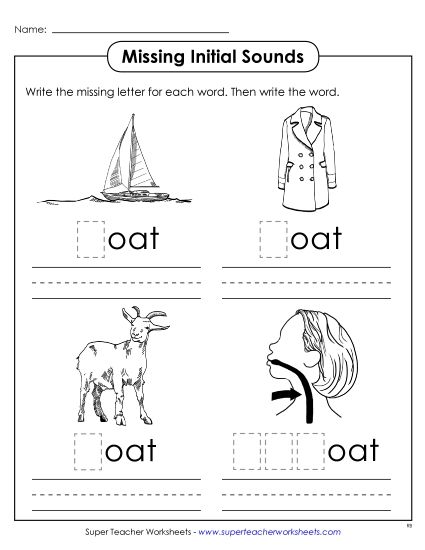Worksheets - Missing Initial Sounds (-oat) (Printable PDF Worksheet)