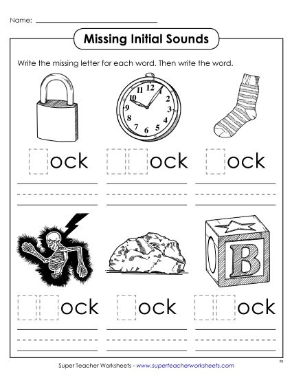 Worksheets - Missing Initial Sounds (-ock) (Printable PDF Worksheet)