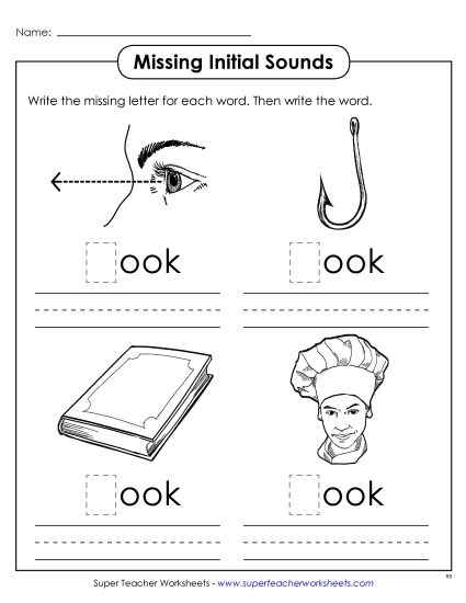 Worksheets - Missing Initial Sounds (-ook) (Printable PDF Worksheet)