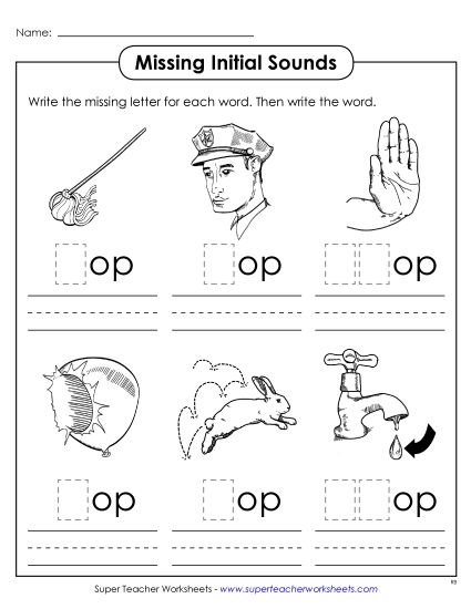 Worksheets - Missing Initial Sounds (-op) (Printable PDF Worksheet)