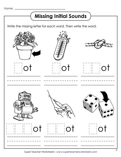 Worksheets - Missing Initial Sounds (-ot) (Printable PDF Worksheet)